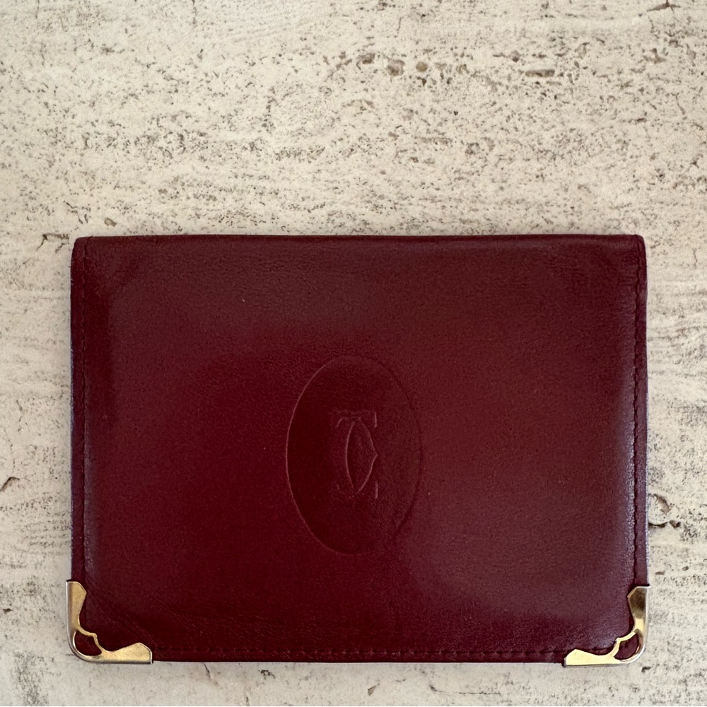 Cartier Embossed Burgundy Leather Card Case with Gold Corners